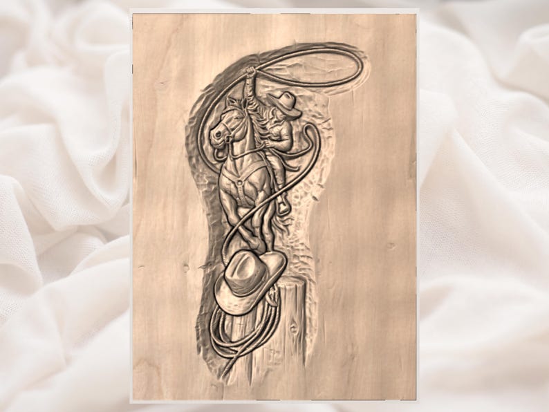 May include: A detailed wood carving depicts a cowboy on horseback roping a steer. The cowboy wears a hat and is holding a lasso. A cowboy hat rests on a wooden post. The artwork is in shades of brown and tan.