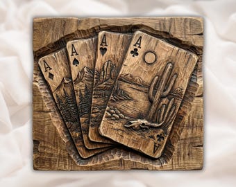 Aces Spielkarten 3D Relief STL-Datei | Western Desert Cactus Poker Holzmaserung CNC Carving | Mann Höhle Wand Kunst | 3D Druck & Lasergravur