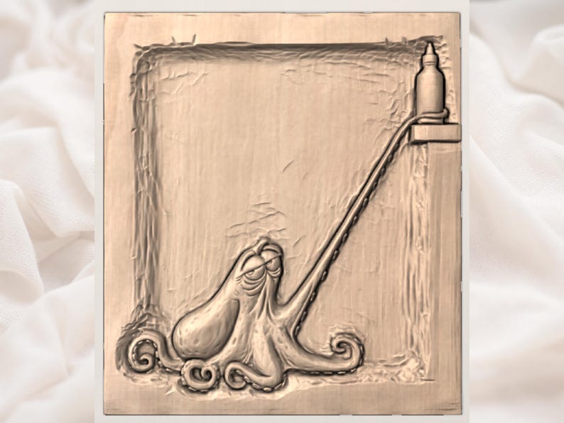 Funny Octopus Hot Sauce Relief STL | Whimsical Seafood Coastal Kitchen Wall Art | Rustic Hand Carved Wood Grain Plaque | Nautical Humor Art image 3