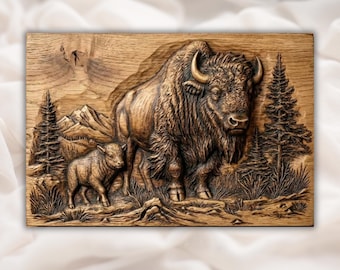 Amerikansk buffel 3D STL-fil | Bison och kalvunge CNC-fräsrelief | Träsnideri i västra ranch-stil | Rustik väggdekoration i lodge