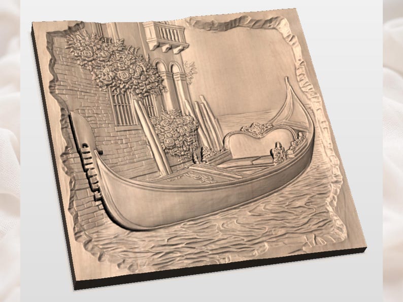 May include: A wooden relief carving of a Venetian gondola on water, with a building and flowers in the background. The carving is in a rectangular frame, showing the gondola's details and architectural elements.