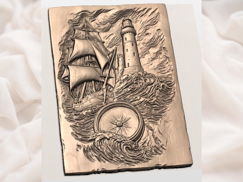 May include: A rectangular, brown relief carving showing a nautical scene. It features a tall ship with billowing sails, a lighthouse, a compass, and waves. The carving is detailed and textured, suggesting a maritime theme.