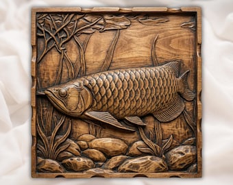Relevo 3D de Peixe Arowana em STL para Router CNC | Painel de Madeira Entalhada para Arte de Parede com Tema de Pesca | Impressão 3D