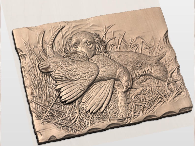 Brittany Spaniel Pheasant STL | Hunter Dog Pheasant 3D Relief | Hunting Dog CNC Router Carving | Upland Hunting Wall Art Panel | Hunter Gift image 2