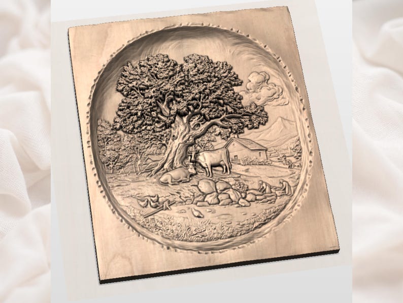 Countryside Farm File | Oak Tree Carving | Rural Landscape Decor | Cottage Wall Artwork | Mountain Pastoral Scene | Wood Grain Relief image 3