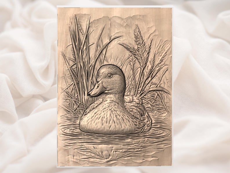 May include: A detailed wood carving of a duck swimming in water, surrounded by tall reeds and grasses. The duck is depicted with fine lines and shading, giving it a realistic appearance. The artwork is in a natural, earthy tone.