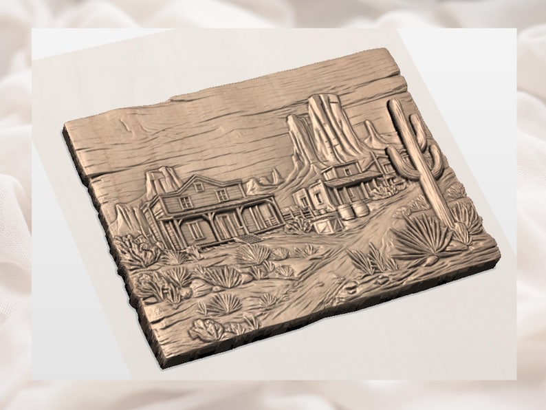 May include: A detailed, brown wooden relief carving depicting a Western town scene. The artwork features buildings, a desert landscape with cacti, and a mountainous backdrop. The carving has a rustic, textured appearance.