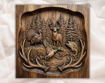 Hunting & Fishing Wildlife 3D Relief STL  | Deer Turkey Duck Fish Antler Scene Wall Art | Rustic Cabin Lodge Decor