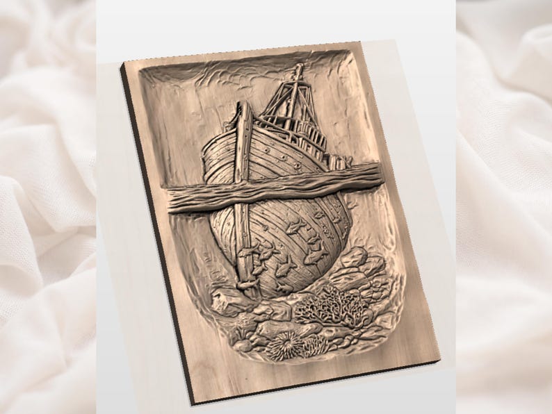 May include: A wooden relief carving of a ship sinking underwater. The ship's hull is visible, with fish swimming around it. The carving is in shades of brown and tan, with detailed textures.
