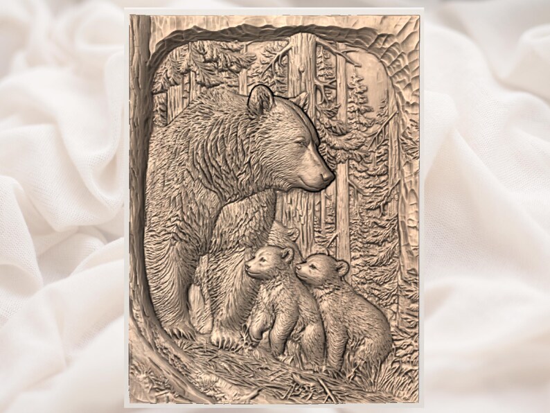 May include: A detailed relief carving shows a mother bear and two cubs in a forest. The artwork, in shades of brown, highlights the bears' fur and the trees. The composition evokes nature and family, with a focus on the bear family.