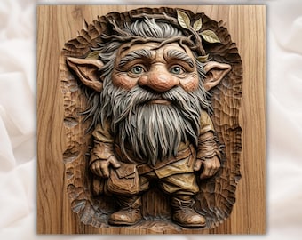 Fantasy Gnome STL File | Bearded Elf Carving | Rustic Storybook Decor | Woodland Plaque Art | Nature Spirit Design | Wood Look Relief