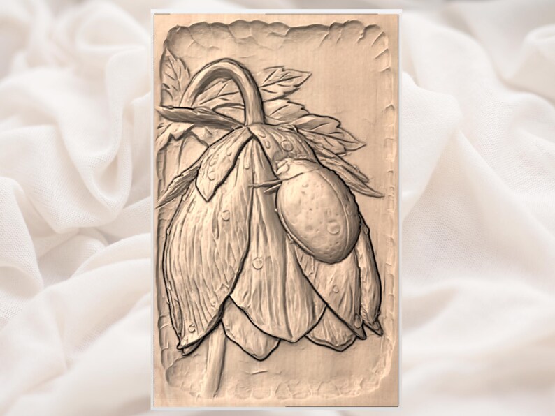 May include: A wooden relief carving of a flower with a ladybug. The flower has large petals and a curved stem. The ladybug is on the flower's petal. The carving is in a rectangular frame.