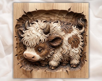 Highland Cow Calf STL | Cute Fluffy Cow 3D Relief CNC File | Farm Animal Wood Carving Model | Rustic Nursery Decor Sign | 3D Print