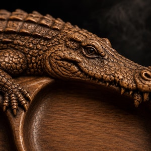 Pu&ograve; includere: Un vassoio in legno marrone con una figura di coccodrillo scolpita e dettagliata lungo il bordo. Il coccodrillo presenta una superficie ruvida e squamosa, occhi visibili e denti affilati, mentre il vassoio ha una finitura in legno levigato.