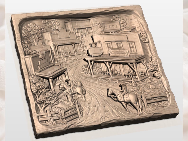 May include: A detailed, relief-carved wooden plaque depicting a Western town scene. The artwork features buildings, trees, a road, and figures on horseback. The plaque has a rustic, brown finish, and the carving is intricate.