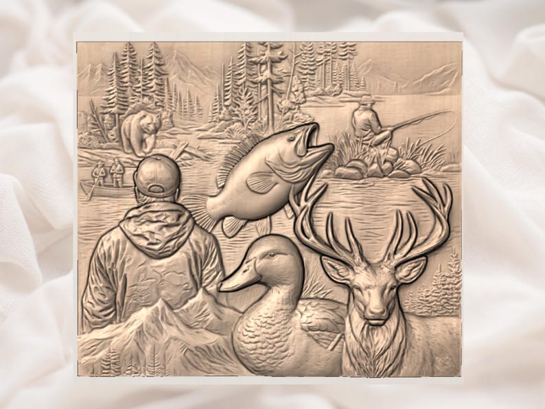 May include: A detailed relief carving depicting a serene outdoor scene. The artwork features a bear, a fish, a duck, and a deer, along with a fisherman and a person in a hooded jacket. The background includes trees, mountains, and a lake, all rendered in a naturalistic style.