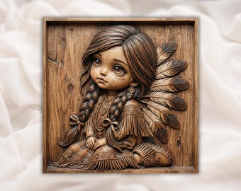 Tribal Girl 3D Relief STL | CNC Router Wood Carving File | Native Feather Headdress Cute Girl Wall Art Panel | Boho Nursery Decor
