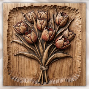 Tulip Bouquet 3D Relief STL for CNC Router | Floral Bunch Wood Carving Panel | Spring Flowers Wall Art | 3D Print image 1