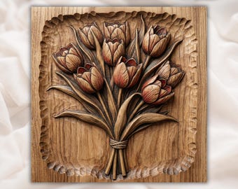 Tulip Bouquet 3D Relief STL for CNC Router | Floral Bunch Wood Carving Panel | Spring Flowers Wall Art | 3D Print