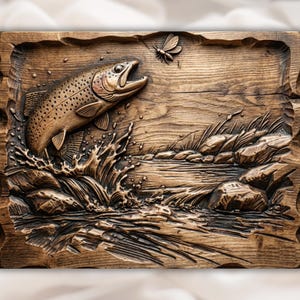 May include: A detailed wooden carving depicts a trout leaping from water towards a fly. The artwork features a river scene with rocks and reeds, all rendered in shades of brown, creating a rustic, nature-inspired piece.
