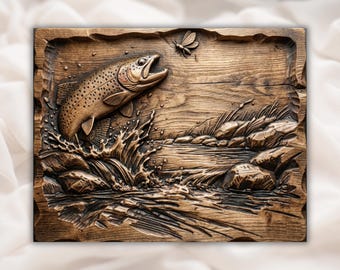 Trout Jumping River 3D Relief STL | CNC Router Wood Carving File | Fly Fishing Scene Wildlife Wall Art Panel | Angler Cabin Lodge Decor