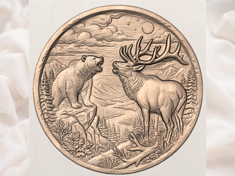 May include: A circular relief carving depicts a bear and elk in a wilderness scene. The bear stands on a rocky outcrop, facing the elk. The elk has large antlers. The background includes trees, mountains, a moon, and clouds. The carving is in a warm, natural tone.