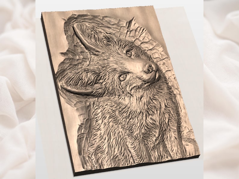 May include: A detailed wood carving of a wolf's head, angled slightly to the side. The carving is in a natural wood tone, with intricate details in the fur and facial features. The artwork is mounted on a rectangular wooden plaque.