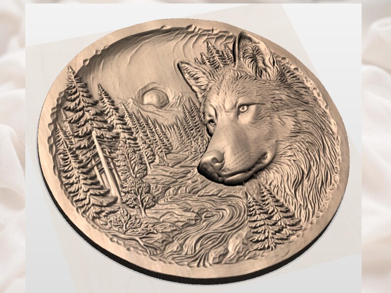 May include: A detailed, circular relief carving depicting a wolf's head and a forest scene. The wolf is on the right, with a river and trees in the background. The carving is in shades of brown and tan, with a dark border.