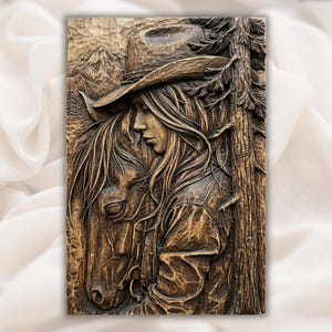 Cowgirl and  Horse 3D Relief STL File view 1