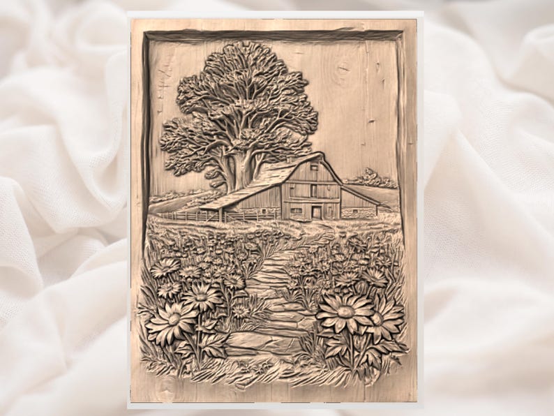 Rustik ladugårdsblomstig 3D-relief STL | CNC-fräs träsniderifil | Väggkonstpanel för bondgårdslandskapsträd | Lantlig inredning bild 3