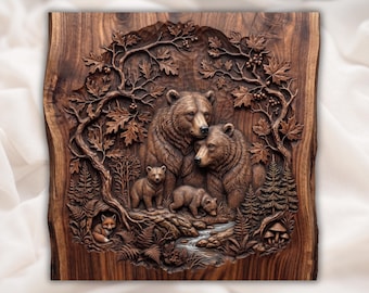Arte em baixo-relevo da família de ursos na floresta em formato STL | Mamãe ursa com filhotes em formato STL | Desenho rústico de urso em relevo para CNC | Mamãe ursa com filhote na floresta | Cerveja Troféu