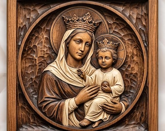 May include: A square wooden wall plaque featuring a relief carving of a crowned figure holding a crowned child. The figures are set within a circular frame against a textured background, showcasing natural wood grain and deep brown tones.