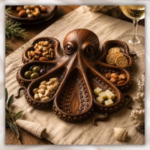 Puede incluir: Una bandeja de madera con forma de pulpo, llena de diversos aperitivos: nueces, aceitunas, galletas saladas y cubos de queso. La bandeja marr&oacute;n est&aacute; colocada sobre un pa&ntilde;o de lino de color neutro. Se ve una copa de vino blanco al fondo.