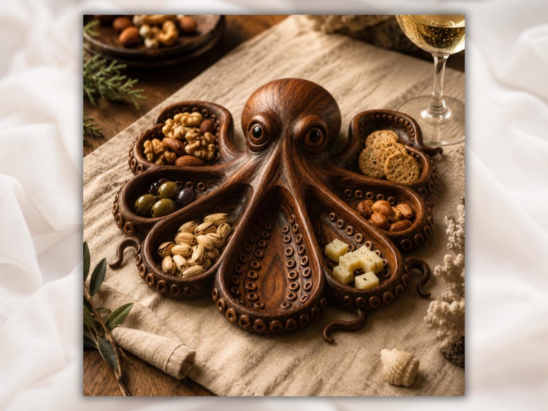 Puede incluir: Una bandeja de madera con forma de pulpo, llena de diversos aperitivos: nueces, aceitunas, galletas saladas y cubos de queso. La bandeja marr&oacute;n est&aacute; colocada sobre un pa&ntilde;o de lino de color neutro. Se ve una copa de vino blanco al fondo.