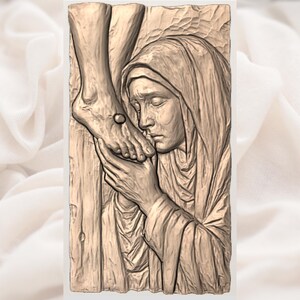 Virgin Mary Kissing Jesus Feet 3D Relief STL view 3