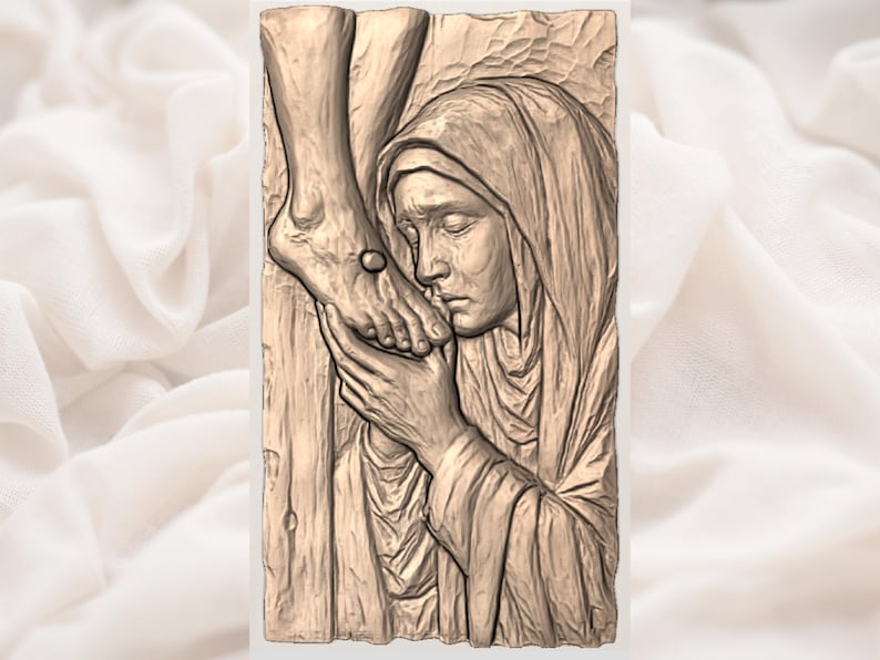 May include: A carved relief sculpture depicting a religious scene. The sculpture shows a figure's foot with a nail wound, and a woman in a draped head covering touching the foot. The relief is in shades of brown and beige.
