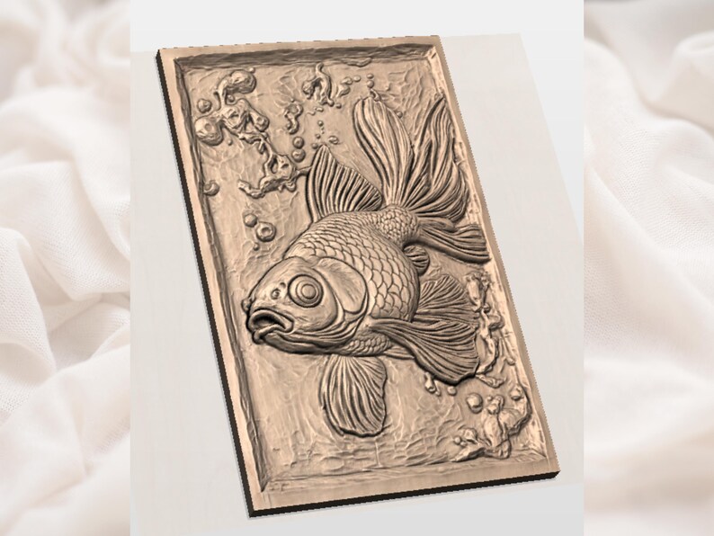 May include: A bronze-colored rectangular relief sculpture featuring a goldfish with flowing fins and a detailed scale pattern. The fish is surrounded by bubbles and aquatic plants, creating a three-dimensional effect. The artwork is set against a neutral background.