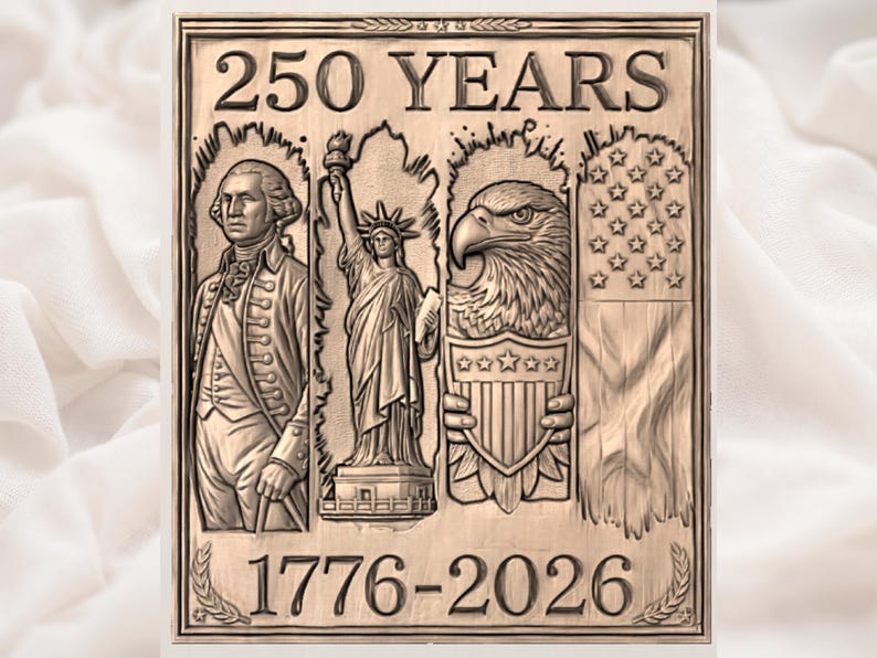 May include: A brown wooden plaque with the text "250 YEARS" at the top. The plaque features relief carvings of George Washington, the Statue of Liberty, an eagle holding a shield, and the American flag. The years "1776-2026" are at the bottom.