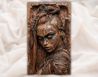 Viking Warrior Woman 3D Relief STL| Shieldmaiden Tattoo Face Wood Carving Panel | Norse Wall Art | Fierce Female Barbarian Wall Plaque
