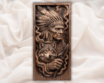 Tribal Chief STL | Wolf Companion Relief | Rustic Lodge Wall Decor | Feather Headdress Art | Wood Carving Design | Warrior Plaque File