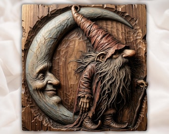 Mystic Gnome Moon STL | Crescent Moon Carving | Fairy Tale Plaque | Rustic Cottage Decor | Magical Gift Idea | | Fairy Tale Plaque