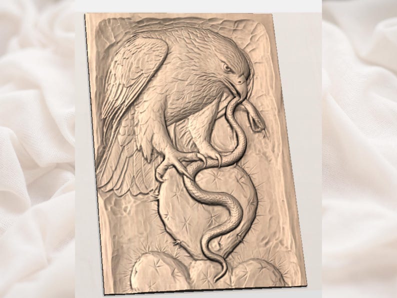 May include: A detailed relief carving of an eagle clutching a snake in its talons. The eagle is depicted with detailed feathers and a sharp beak. The snake is coiled around a cactus. The carving is in a light brown color.