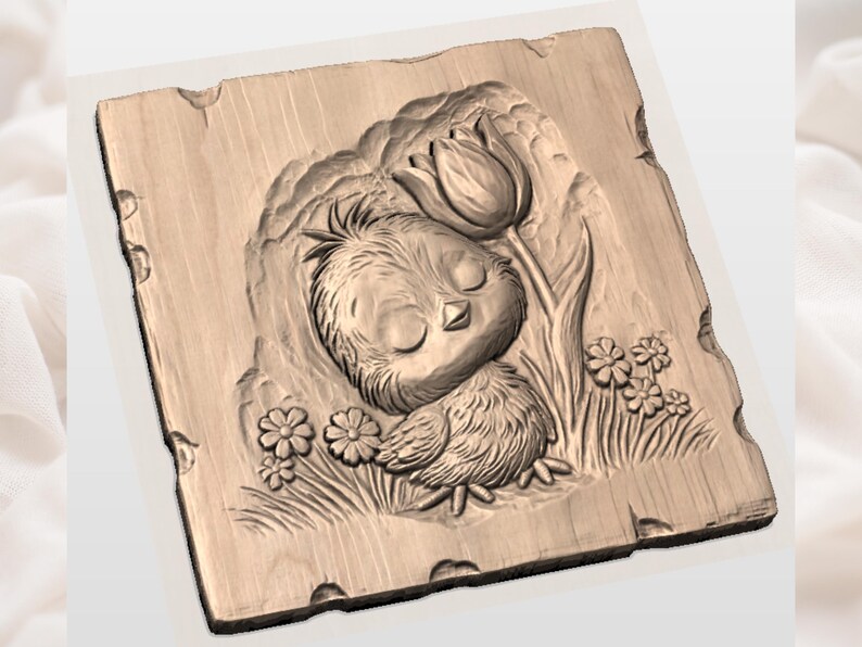 May include: A wooden relief carving of a sleeping baby chick nestled among flowers and grass, with a large tulip in the background. The carving is on a rectangular wooden plaque with a rustic, uneven edge.