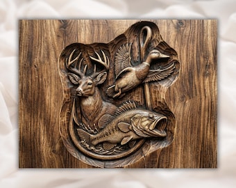 Hunting & Fishing 3D Relief STL | CNC Router Wood Carving File | Deer Duck Fish Trophy Wall Art Panel | Rustic Cabin Lodge Decor