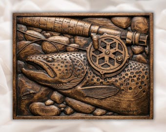 Trout Fishing 3D Relief STL File | Fly Fishing Rod & Reel CNC Wood Carving | Rustic River Wall Art | 3D Print and Laser Engraving