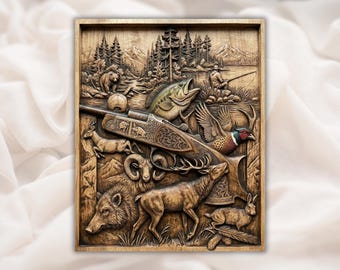 Hunting Trophy Collage 3D Relief STL | Deer Bear Fish Pheasant Ram Wood Grain Carving Panel | Home Decor