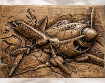 WW2 Kampfflugzeug 3D Relief STL-Datei | Vintage Kampfflugzeug Holzmaserung CNC Carving | Luftfahrt Wand Kunst Panel | 3D Druck & Lasergravur