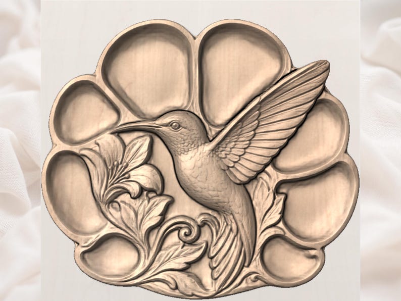 Serviertablett mit Kolibri-Motiv (STL-Datei für CNC-Fräse) | 3D-Reliefmodell aus Holz | Schnitzdesign für Serviertablett aus Holz | Küchendekoration Bild 10