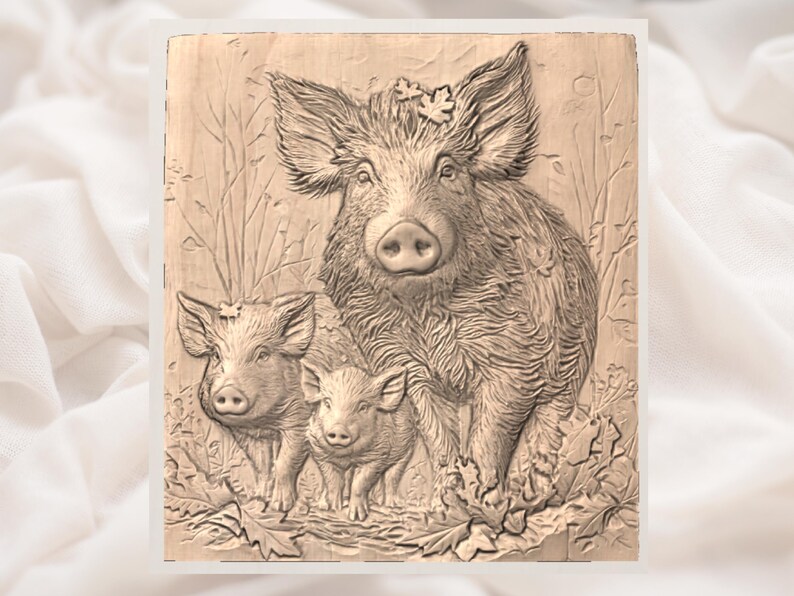 May include: A wooden relief carving of a family of wild boars. The artwork depicts a large boar with two smaller piglets, surrounded by foliage. The carving is detailed, with visible fur and leaf textures. The piece is likely intended for wall decor.