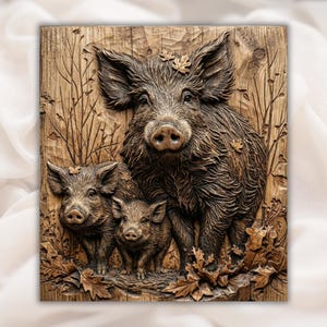 Wild Boar Family 3D Relief STL view 1